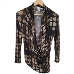 MaxMara Assymetrical Wrap Deep V-Neck Black Tan Drape Moon Rushed Top Mesh Sheer